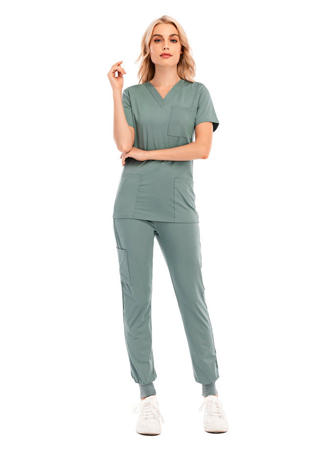 Solid Color V-neck Short-sleeved Pocket Nurse Suit