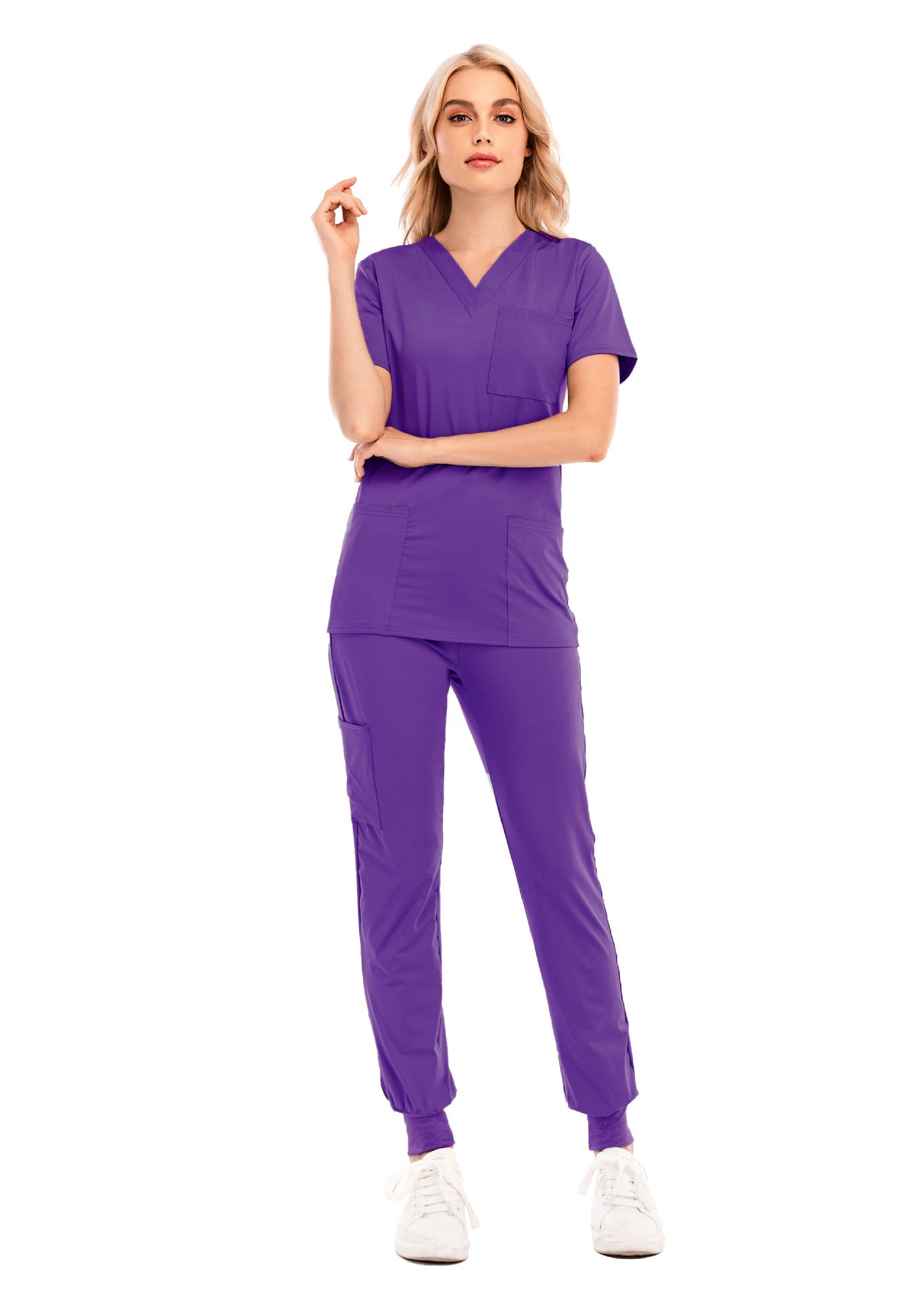 Solid Color V-neck Short-sleeved Pocket Nurse Suit