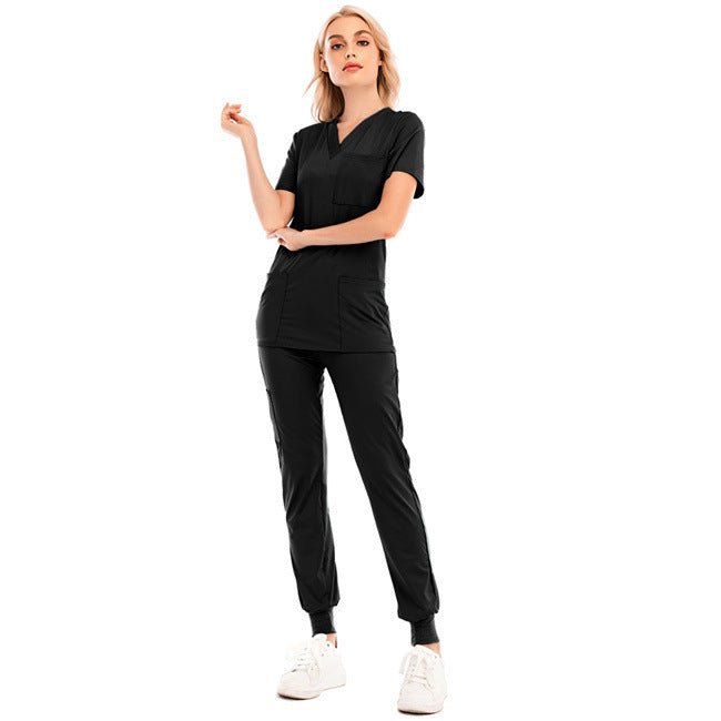 Solid Color V-neck Short-sleeved Pocket Nurse Suit