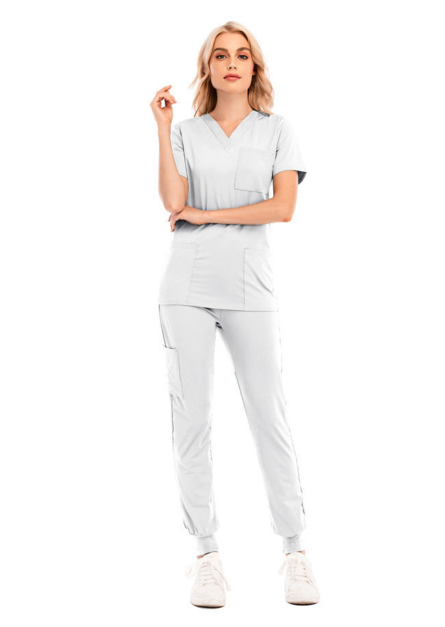 Solid Color V-neck Short-sleeved Pocket Nurse Suit