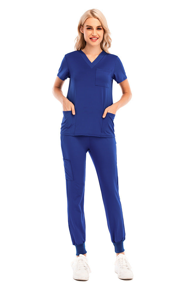 Solid Color V-neck Short-sleeved Pocket Nurse Suit