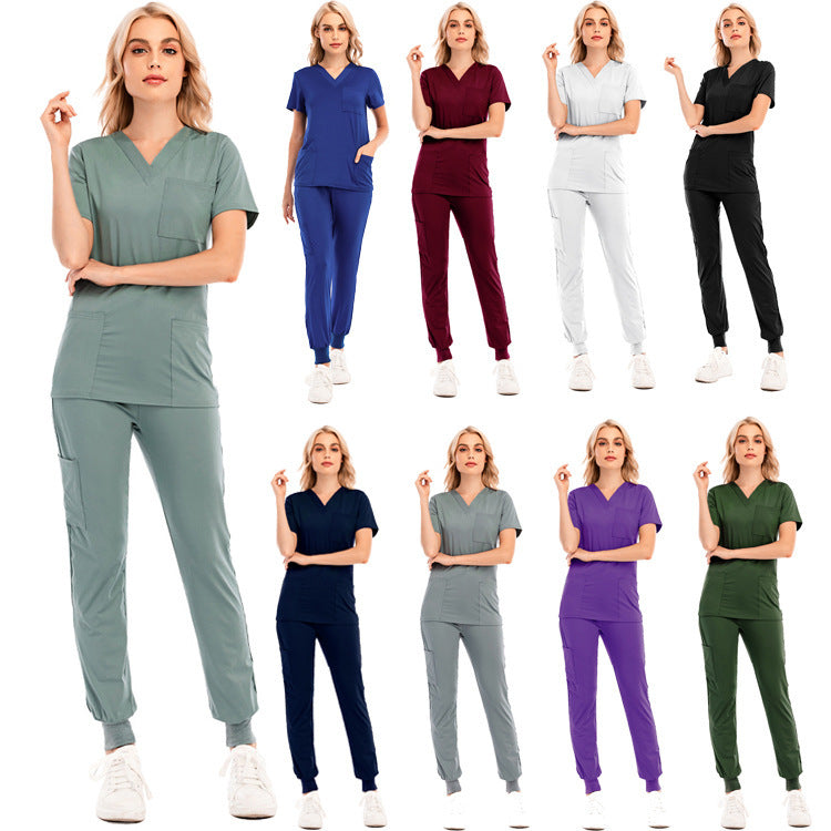 Solid Color V-neck Short-sleeved Pocket Nurse Suit